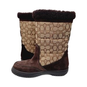 Coach Sherman Signature Boots Canvas Suede Khaki Chestnut A0071 Size 7